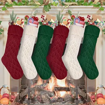 18 Дюймов Однотонный Рождественский Чулок большого размера с ромбическим рисунком, Подарок для конфет, Вязаный носок из мягкой шерстяной пряжи.