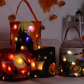 2023 Сумки для конфет на Хэллоуин, ведерки для угощений со светодиодной подсветкой, ведерко с оранжевой тыквой, праздничные украшения для вечеринки своими руками с набором батареек