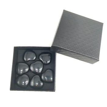 7 шт. компл Черный обсидиан Камень в форме сердца 25 мм Объемная коробка с драгоценными камнями Упаковка для подарков на День рождения