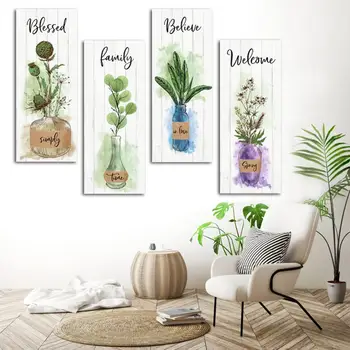 Green Wall Plaque Plant Pattern Wooden Painting Wall Decoration 4Pcs/Set Hanging Tags декор для комнаты