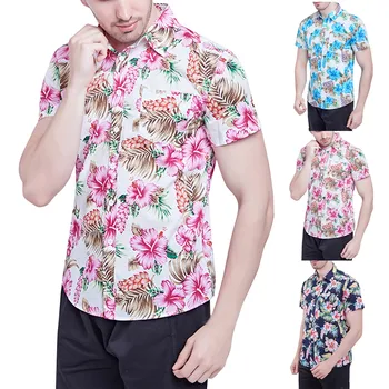 Men's Summer Casual Shirt Hawaiian Style Flower Printed Cotton Shirt Short Sleeve Shirt Ropa Hombre рубашка с коротким рукавом