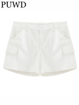 PUWD Женские хлопчатобумажные белые шорты-карго 2023, летние винтажные женские однотонные шорты средней талии, женские шикарные плавки