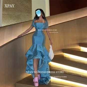 XPAY Вечерние платья русалки из Саудовской арабской голубой тафты без бретелек С оборками, короткие спереди, длинные сзади, платья для выпускного вечера, вечернее платье для вечеринки