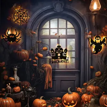 Дверные знаки на Хэллоуин, Жуткие светодиодные украшения на Хэллоуин, Подвеска в виде тыквенной летучей мыши, приветственный знак на входной двери для внутреннего/наружного