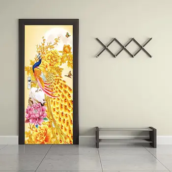 Дверные наклейки с золотым Павлином, Красивые Дверные наклейки с птицами, Великолепные настенные росписи с животными, цветочные обои, Плакат, Декор для дома и спальни