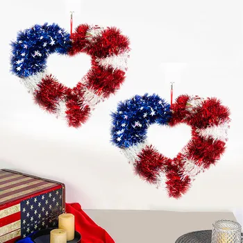 Декоративный венок в форме сердца в американском стиле, красная, белая и синяя Блестящая Гирлянда, подвешенная на стену в День Независимости, Патриотическое украшение