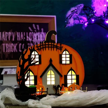Деревянные светодиодные фонари ручной работы на Хэллоуин, Тыквенный замок, светодиодное люминесцентное полое украшение для декора стола на Хэллоуин, светящаяся сказочная лампа
