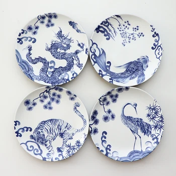 Десертные тарелки с китайской росписью Благоприятных животных, винтажная бело-голубая Подглазурная Керамическая обеденная тарелка, посуда для послеобеденного чая