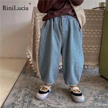 Джинсы RiniLucia для девочек, однотонные карманы, свободные повседневные джинсовые брюки для мальчиков, детские брюки, новинка 2023 года, осенняя детская одежда, детская одежда