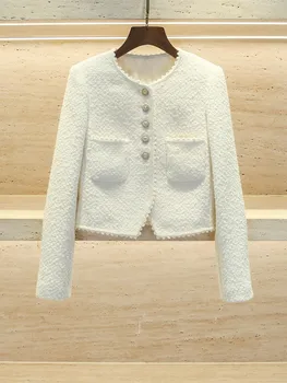 Женское белое короткое пальто ранней осени, Элегантное Твидовое пальто с длинным рукавом и круглым вырезом, Новые женские однобортные куртки 2023 года