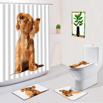Занавески для душа для собак, Комплект из 4 предметов, Занавеска для ванной комнаты с животными, противоскользящий коврик для ванной, U-образный коврик, чехол для унитаза, ткань для украшения ванной комнаты