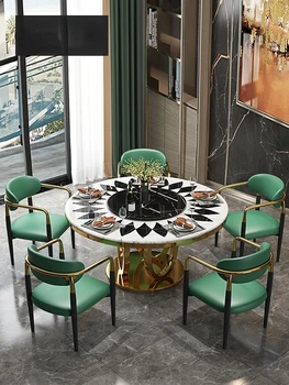 Изготовленные на заказ итальянский роскошный обеденный стол и стул из круглого мрамора, поворотный стол из нержавеющей стали, обеденный стол из паркета