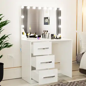 Интерьеры со скидкой Ava Pro Современный туалетный столик, лампочки, 3 выдвижных ящика, зеркало, окрашенное в белый цвет, для спальни