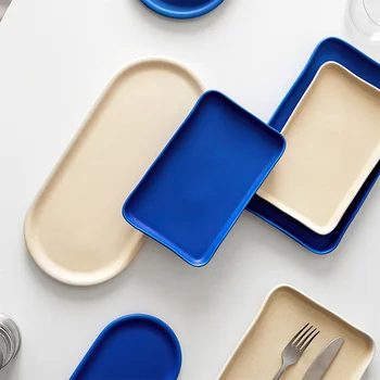 Керамический поднос с креативным орнаментом Овальная Западная обеденная тарелка Синий Прямоугольный Поднос для хранения Хлеба, десерта, стейка, Кухонного блюда
