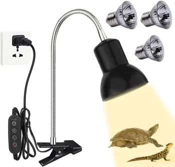 Лампа для обогрева черепах и рептилий с таймером 25/50 Вт UVA UVB Лампа для ящериц, Змей, Амфибий, мелких животных