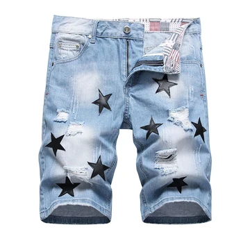 Летние джинсовые шорты с рваными отверстиями Для мужчин, модные прямые брюки со средней талией, светло-голубые джинсы с нашивками в виде звезд длиной до колен