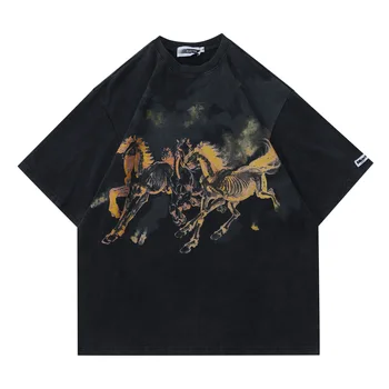 Летняя футболка с графическим принтом в виде огненного черепа лошади, винтажная уличная одежда для мужчин и женщин, футболка из выстиранного хлопка с короткими рукавами Оверсайз