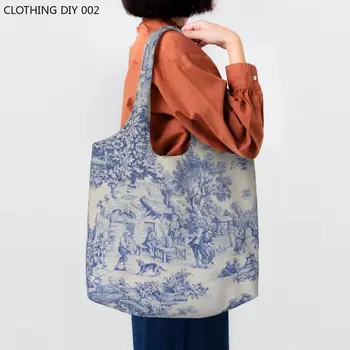 Многоразовая французская сумка для покупок с рисунком Toile De Jouy темно-синего цвета, женская холщовая сумка-тоут, портативные сумки для покупок в продуктовых магазинах