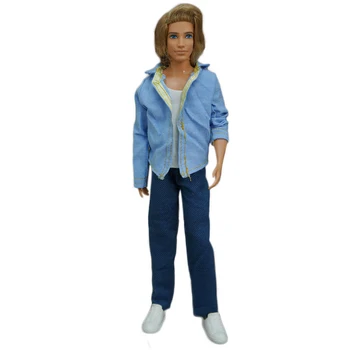 Модные синие джинсы, 3 шт./компл., кукольная одежда 1/6 для мальчика Кена, голубое пальто, белый жилет, брюки для парня Барби, куклы мальчика Кена