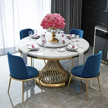 Мраморный обеденный стол и стул в стиле постмодерн, сочетание света, роскошный простой круглый обеденный стол, семейный круглый обеденный стол