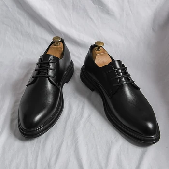 Мужская повседневная кожаная обувь, модная классическая обувь на шнуровке, Роскошная мужская свадебная офисная официальная обувь ручной работы на толстом каблуке Черного цвета