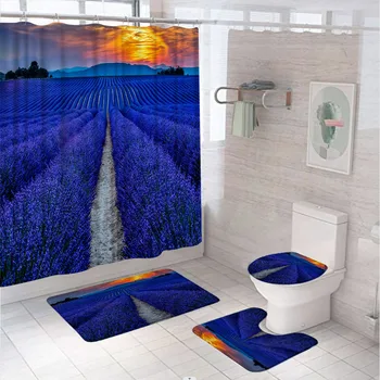 Набор занавесок для душа с цветочным полем лаванды для декора ванной комнаты Сельский пейзаж на закате Экран для ванны Коврик для ванной Ковер Коврик Крышка унитаза