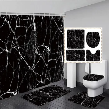 Набор штор для душа из черного и белого мрамора с текстурным рисунком абстрактного искусства, современный декор ванной комнаты, нескользящий коврик, коврик для ванной, крышка унитаза