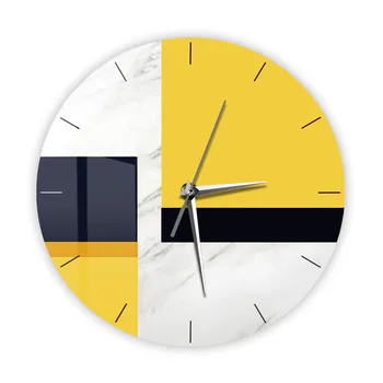 Настенные часы с желто-серым мраморным принтом для спальни Скандинавский домашний декор Минималистское искусство Современный дизайн Бесшумные кварцевые настенные часы