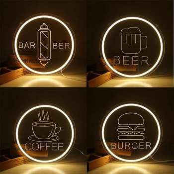 Неоновая световая вывеска Парикмахерская Кофейня Пиво Бургер Коммерческое освещение Украшение магазина USB-разъем