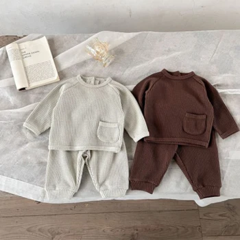 Осенние комплекты одежды для маленьких мальчиков FOCUSNORM от 0 до 3 лет, 2 шт., однотонный пуловер с длинным рукавом, толстовка с карманами и брюки с эластичной резинкой на талии.
