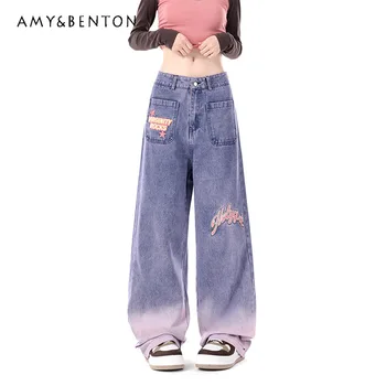 Осенние новые американские джинсы с объемным рисунком в американском стиле, женские милые модные широкие брюки с высокой талией, узкие брюки