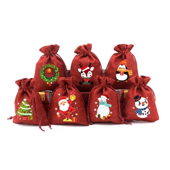 подарочный пакет на шнурке 10шт Бордовая Льняная упаковка Снеговик Лось Санта Клаус Для конфет Печенья Праздничных принадлежностей для вечеринок