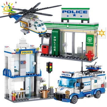 Полицейский участок города Хуэйцибао, грузовик, вертолет, строительные блоки, тюрьма полицейского спецназа, кирпичная строительная игрушка для детей