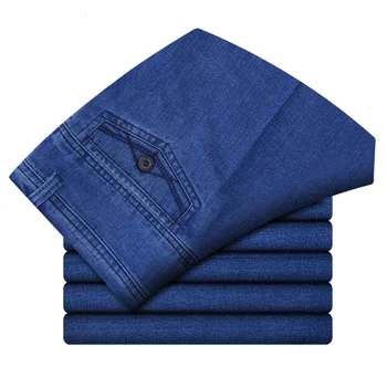 Размер 30-45 Мужские деловые джинсы Классические мужские джинсы стрейч Плюс Размер мешковатых прямых мужских джинсовых брюк хлопчатобумажные синие рабочие джинсы мужские