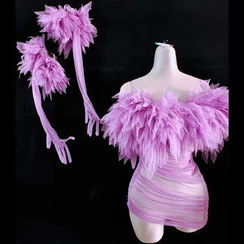 Розовое сетчатое прозрачное платье с длинным шлейфом, вечерние перчатки для празднования дня рождения, просвечивающий сексуальный наряд певицы для танцев