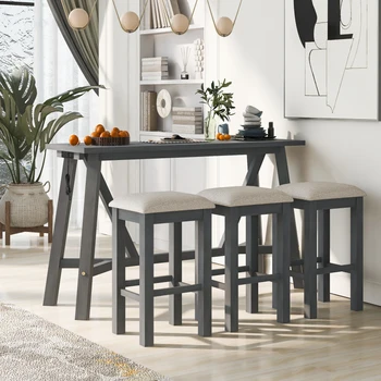 Серый универсальный обеденный стол для домашней кухни с 3 мягкими табуретками для столовой в помещении