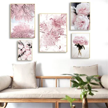 Скандинавская художественная печать, картина на холсте, розовый цветок, плакат с розами, Пион, Вишневый цвет, живопись, украшение галереи крыльца, Картины