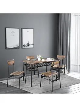 Современный прямоугольный обеденный стол из металла и дерева из 5 частей, мебельный гарнитур для кухни, столовой, столовой с 4 стульями