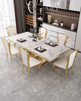 Сочетание светлого роскошного мраморного обеденного стола и стула в минималистичном современном европейском стиле для гостиной, обеденный стол небольшого размера, прямой кишки