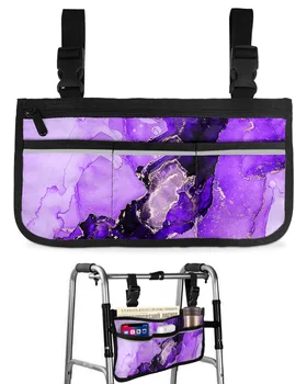 Фиолетовая с мраморной текстурой Сумка для инвалидной коляски с карманами, подлокотники, боковые сумки, Прогулочная рама для электрического скутера, сумка для хранения