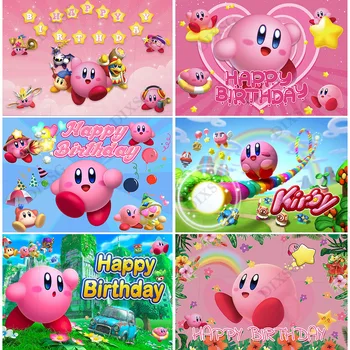 Фон баннера игры Kirbys Детский День Рождения Душа Ребенка Золотые Звезды Розовый Мяч Фотография Видеоигра Реквизит для Фотостудии