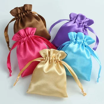 Шелковая атласная упаковка Сумка для хранения на шнурке Мешочек для ювелирных изделий Упаковка для свадебной вечеринки Подарочные пакеты на заказ Розовый / синий / фиолетовый / красный / серебристый