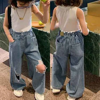 Штаны для девочек, детские индивидуальные рваные широкие джинсовые брюки, детская одежда