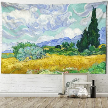 Пшеничное поле и кипарисовый гобелен, декорации Ван Гога, Фон для гостиной, Подвесная ткань, эстетичное украшение стен